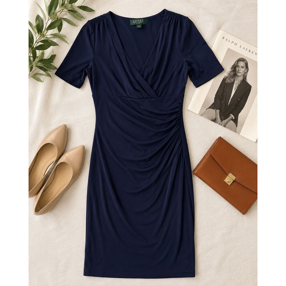 Lauren Ralph Lauren Dress Womens 6 Navy Faux Wrap Ruched Sheath Midi Career